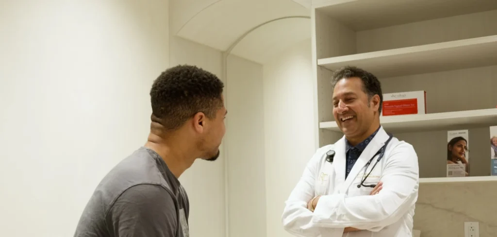 Smiling physician with a stethoscope talking with a patient in an exam room at Renova Total Health
