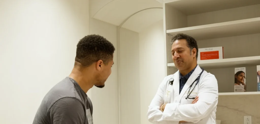 Physician talking with a patient in an exam room at Renova Total Health in Carmel, Indiana
